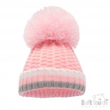 H648-P-BP: Pink Ribbed Hat w/Pom Pom (0-12m)